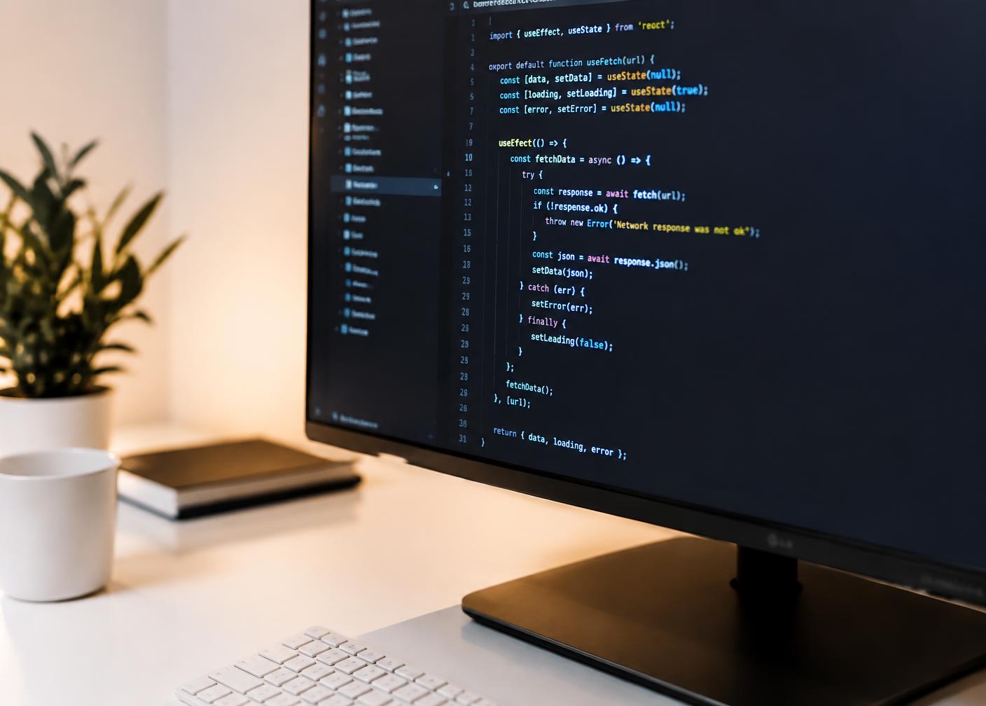 A monitor showing source code in a dark editor on a bright, uncluttered desk