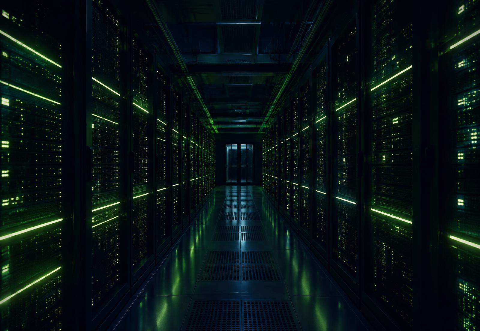 Dimly lit data centre corridor lined with server racks marked by narrow green indicator lights