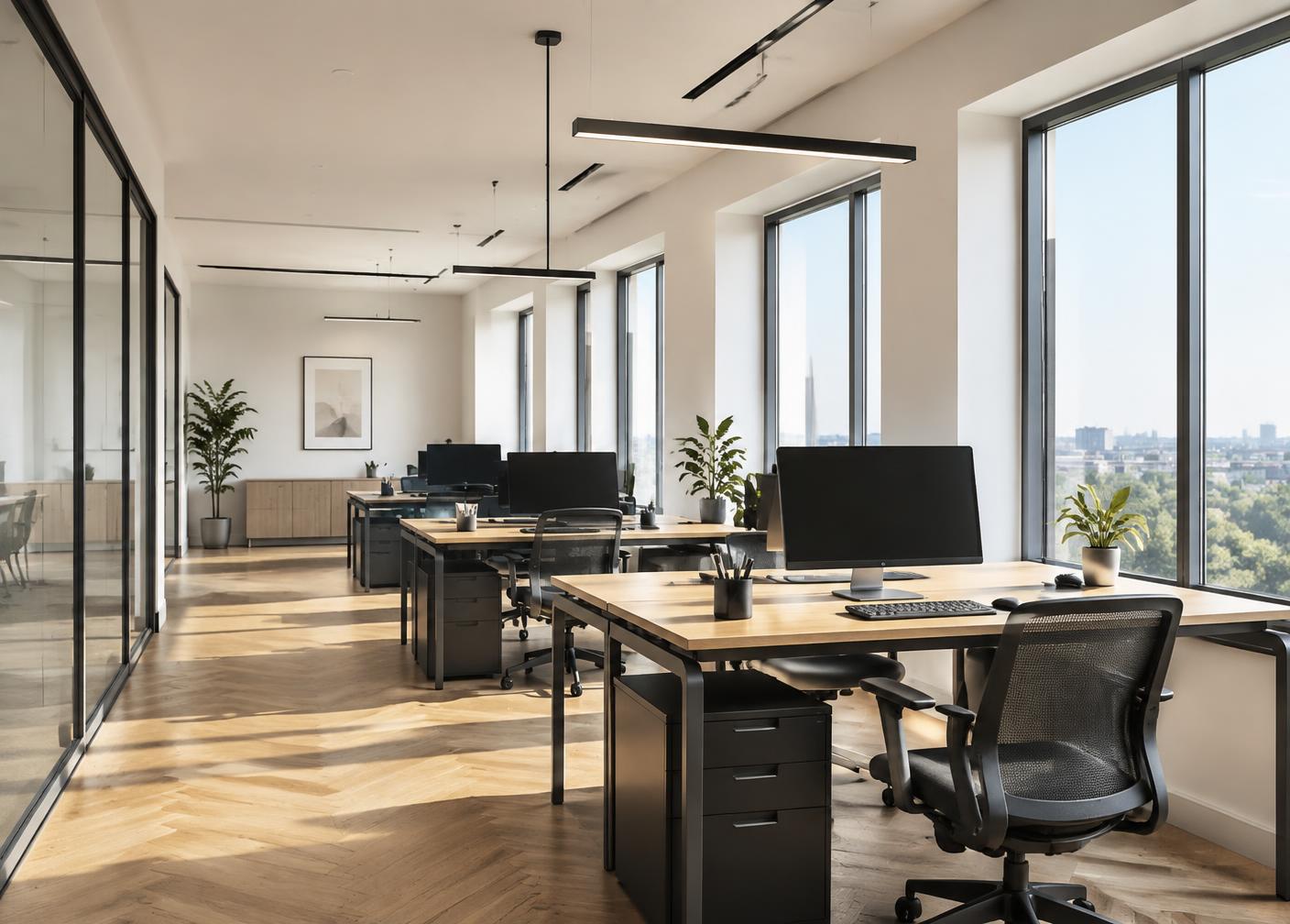 A bright, empty open-plan office with desks, monitors, and large windows